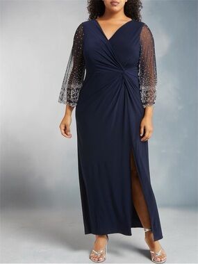 Alex Evenings Navy Maxi Dress with Beaded Sheer Sleeves